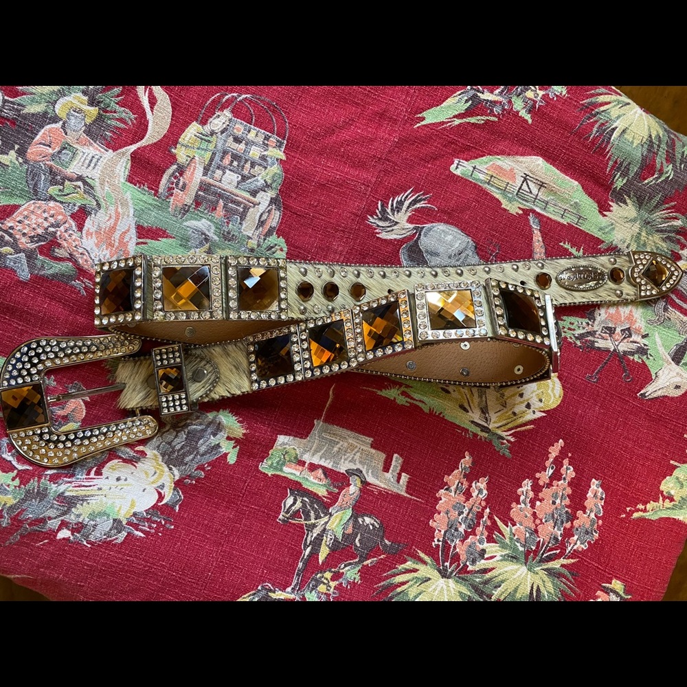 W B Atlas hair on hide belt with amber jewels